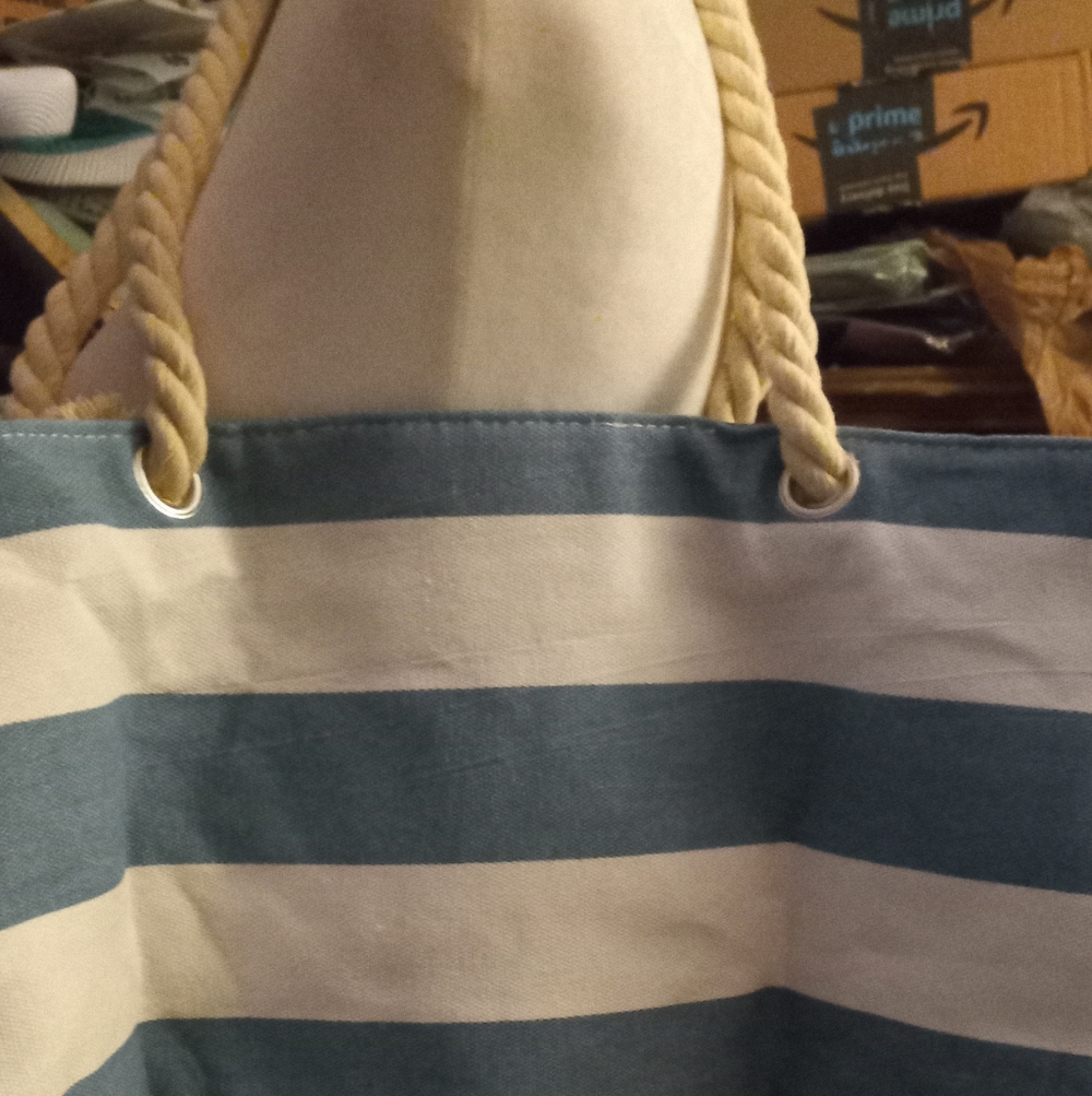 New,stripped blue&white canvas extra large beach tote with macrame rope handles.